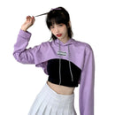 Female Cut Out Crop Top Hoodie Long Sleeve Hooded Pullover Sweatshirt Drop Shoulder Drawstring Hoodie Crop Jumper-Top