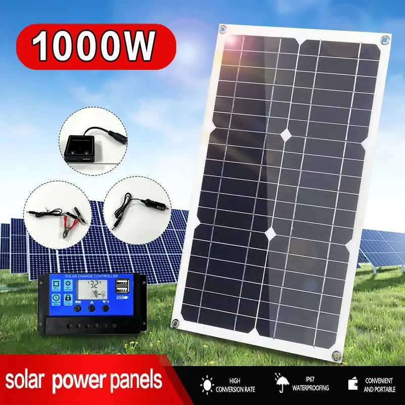 Solar Panel 1000W Kit Complete Controller 12V Safe Charge 2 USB Port Solar energy Charger for Home Camping Phone Car Yacht RV