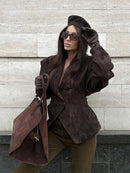 Women Fashion V-neck Lapel Belt Leather Jacket Chic Lace Up High Waist Full Sleeve Overcoat 2025 Lady Autumn High Street Outwear