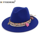 BUTTERMERE Womens Fedora Hat Wool Khaki Jazz Hats Female National Casual Large Brim Vintage Autumn Classic Felt Hat And Cap 2022