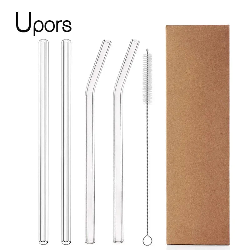UPORS 4Pcs/Set Reusable Glass Drinking Straws Glass Straw with Brush Eco Friendly Glass Straws for Smoothies Cocktails 200mm*8mm
