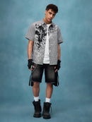 Y2K Grunge Punk Men's Street Summer Plaid Cross Print Short Sleeve Single-Breasted Casual Shirt