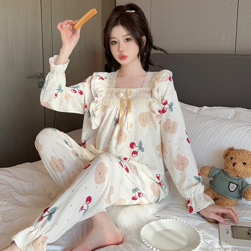 Lady Sweet Style Y2k Cartoon Women's Pajamas Bubble Cotton Bow Square Neck Female Nightgown 2024 Autumn New Youth Chic Sleepwear