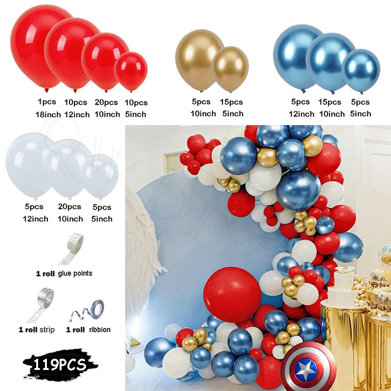 New 119pcs Gold Blue Red White Super Hero Balloons Happy Birthday Party Arche Ballon Anniversaire Decoration Boy Baptism Globos