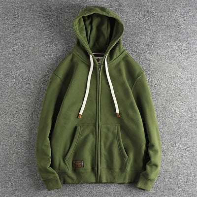 Autumn Winter American Retro Heavyweight Long Sleeved Hooded Hoodies Men's Simple Thickened Velvet Casual Cardigan Sweatshirts