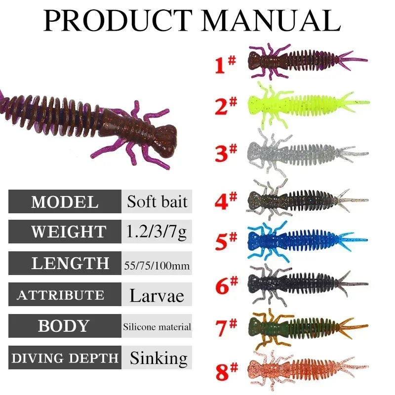 10pcs Worm Larva Soft Lures 5.5cm 1.2g Artificial Silicone Bait Jigging Wobblers Bass Carp Pesca Fishing Tackle