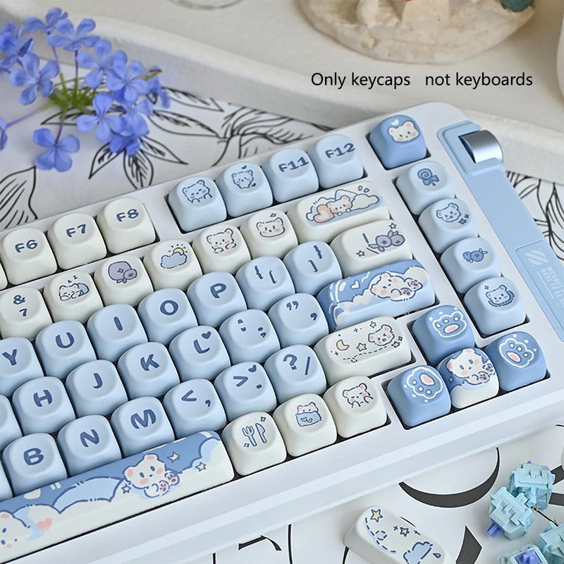 132keys Cute Blue Ice Cream Bears Keycap MOA Profile PBT Dye Sublimation Mechanical Keyboard For 61/64/68/84/75/87/96/104 Caps