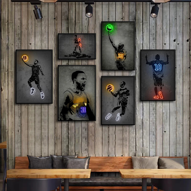 Graffiti Basketball Players Canvas Painting Neon Effect Sports Star Posters Football Wall Art Prints For Room Home Decor Picture