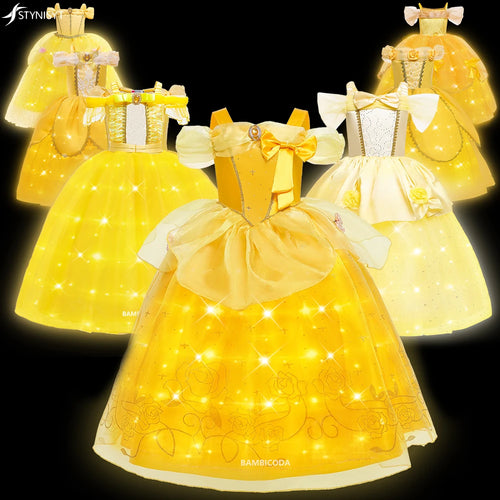 Girls Belle Princess Dress LED Light Up Summer Cosplay Costume Beauty and the Beast Clothing Birthday Party Gift