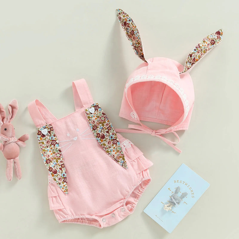 Citgeett Summer Easter Infant Baby Girls Casual Bodysuit Sleeveless Floral Print Bunny Playsuit Cartoon Hat Clothes