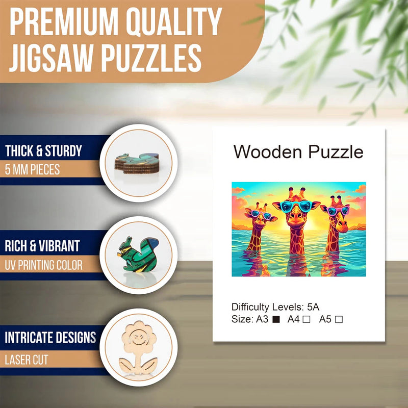 Three Leisurely Giraffes Wooden Puzzle, Irregular Animal shaped Pieces, High-difficulty Magic Puzzle Intellectual Toy