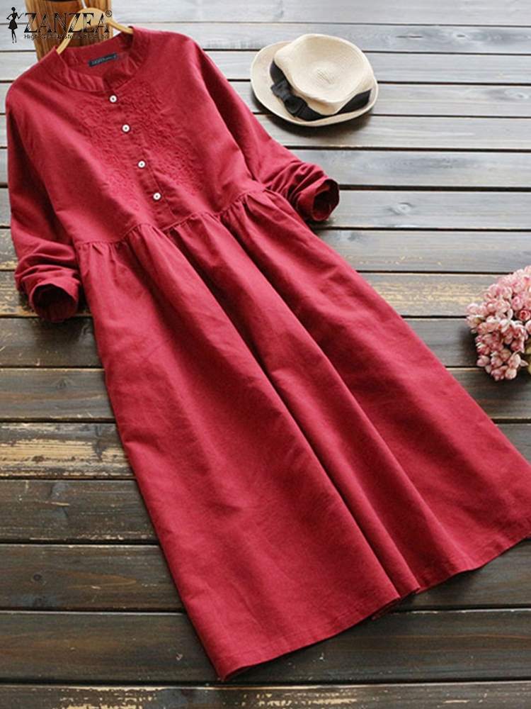 2023 Autumn Embroidery Long Shirt Dress ZANZEA Vintage Women Casual Cotton Vestidos Women Long Sleeve Sundress Kaftan