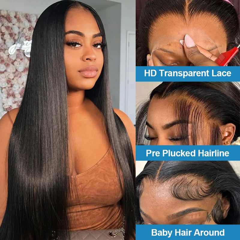 200 Density 13x4 Natural Black Bone Straight Brazilian Virgin Hair HD Transparent Lace wig Frontal Wigs Pre plucked Wigs 32 Inch