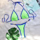 New In Swimsuit Woman 2024 Candy Color Sexy String Bikini Set Patchwork Metal Pearl Women's Swimwear Holiday Matching Sets
