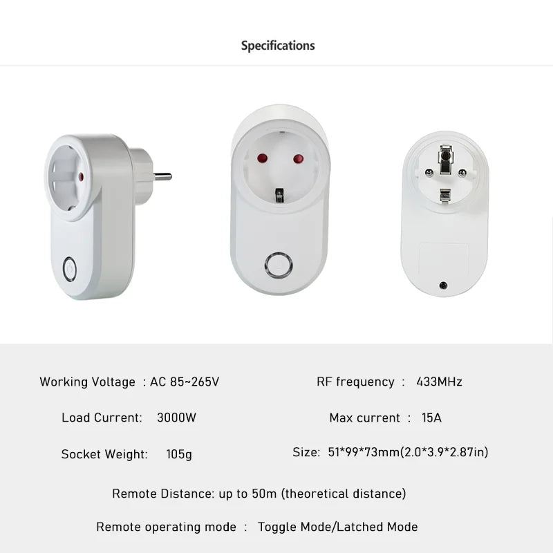 Wireless Remote Control Switch Electric Socket EU FR Universal Plug 433 Mhz 220v Smart Switch 15A Electrical Outlets For Light