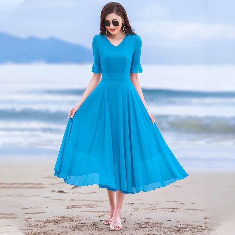 Summer Bohemian Women Long Dress Solid Color Short Sleeve V Neck 5XL Chiffon Sundress Maxi Evening Ladies Party Dress Vestidos