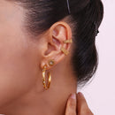 E.B.belle Double Layered Three Row Bead C-shaped Pearl Wave Checkered Snake Tangent Plane Stainless Steel Gold Color Ear Clip