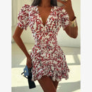 Women Chic Floral Print Bodycon Dress Holiday v-neck Pleated Patchwork Flared Sleeve Ruffle 2026 Summer Casual Latest Vestidos