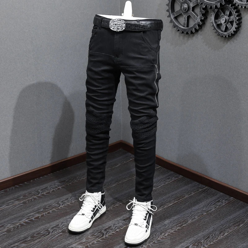 High Street Fashion Men Jeans Black Elastic Stretch Skinny Fit Ripped Jeans Men Zipper Designer Hip Hop Denim Punk Pants Hombre