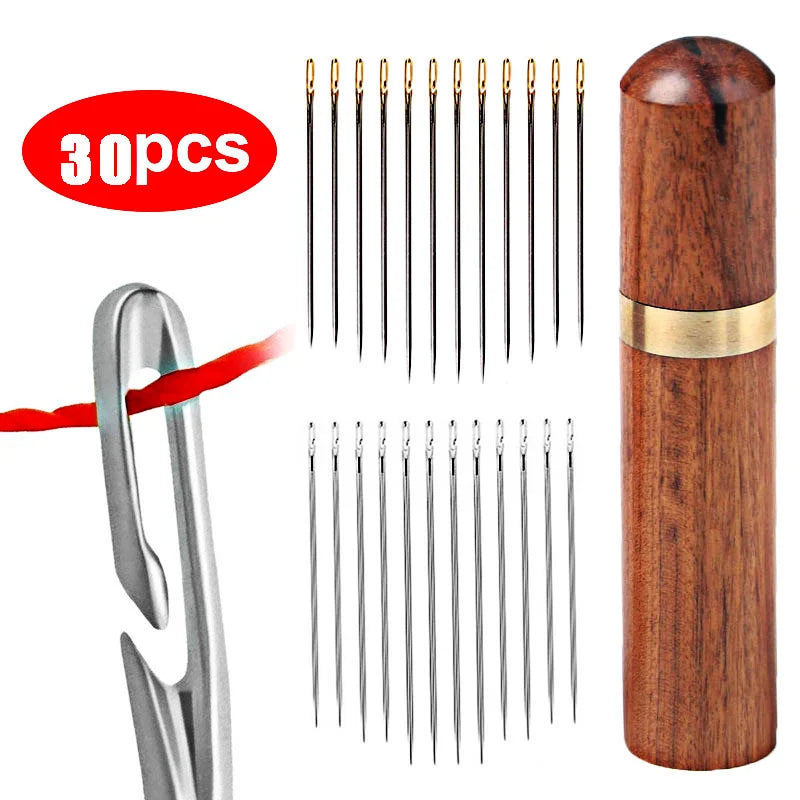 30pcs Blind Sewing Needle Elderly Stainless Steel Quick Automatic Self-Threading Needle Stitching Pins DIY Punch Needle Threader