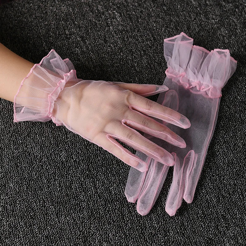 Retro Spring Summer Women Short Tulle Gloves White Black Wedding Gloves Stretchy Lace Full Finger Mittens Mesh Translucent Glove