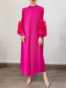 GVUW Women‘s New Pleated Dresses Round Collar Solid Color Appliques Loose Long Sleeve 2024 Spring Female Fashion Clothes 17J0207