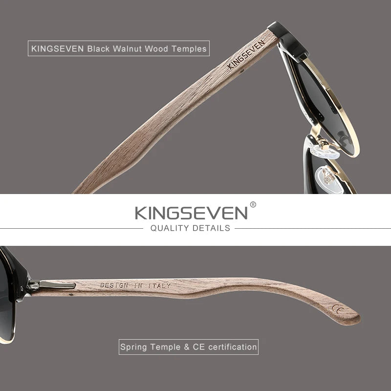 KINGSEVEN Handmade Black Walnut Wooden Sunglasses Men Polarized UV400 Protection Semi-Rimless Retro Eyewear Women For Driving