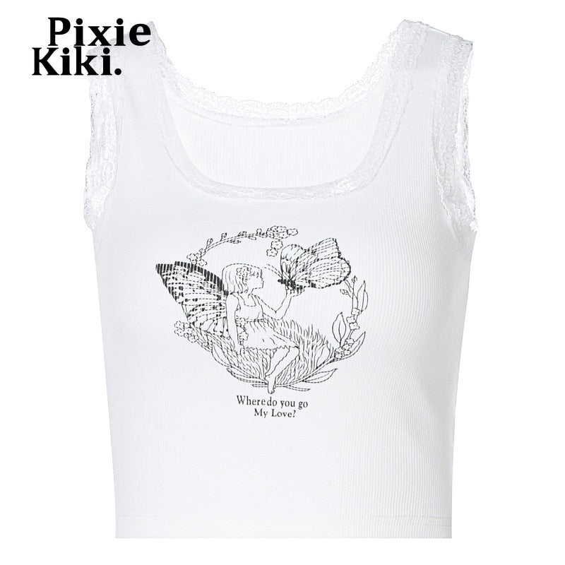 PixieKiki Cartoon Printed Lace Trim White Crop Top Fairy Grunge Summer Clothes for Women Cute Slim Fit Ribbed Tank Tops P95-BC12