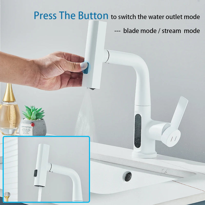 White Bathroom Basin Faucet with Temperature Digital Display Lift Up Crane Pull Out Waterfall Spout Hot Cold Sink Mixer