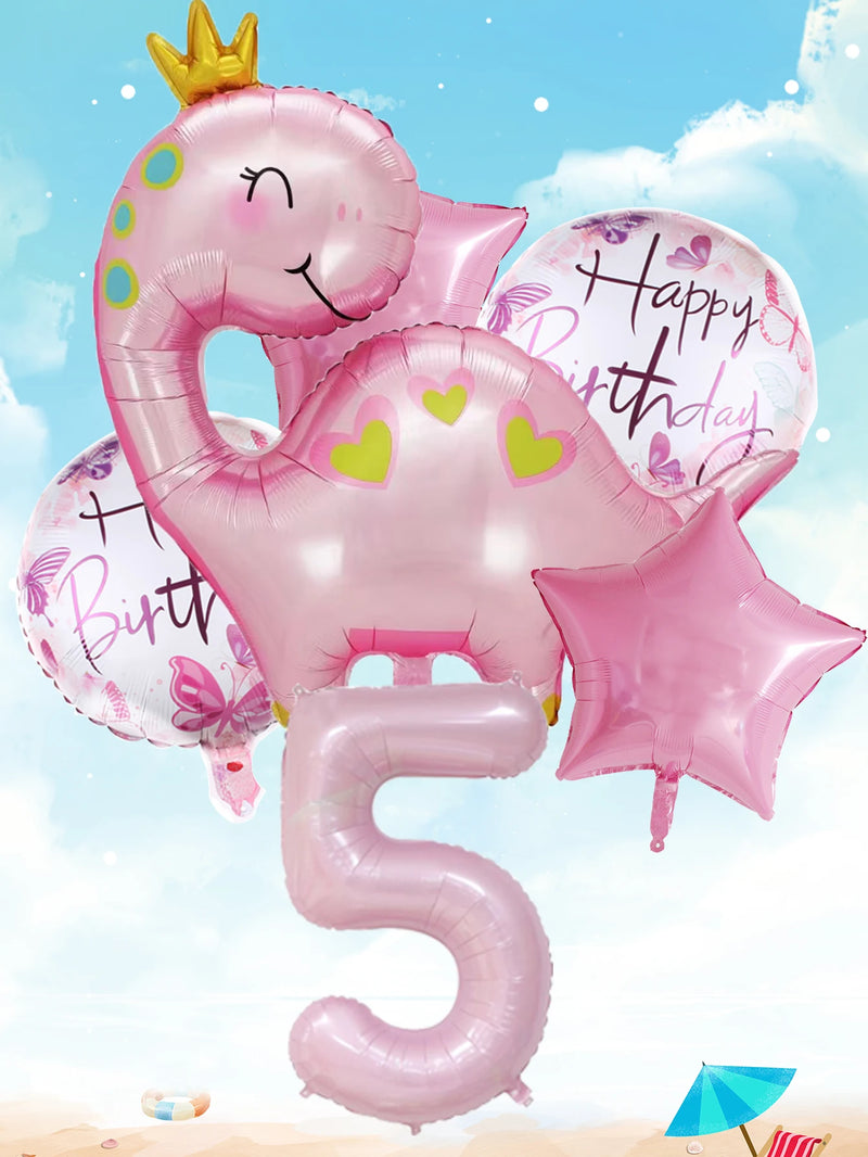 1set Pink Crown Dinosaur Foil Balloons 40 Inch Number Helium Balloon Baby Girl Children‘s Birthday Party Decorations Kids’