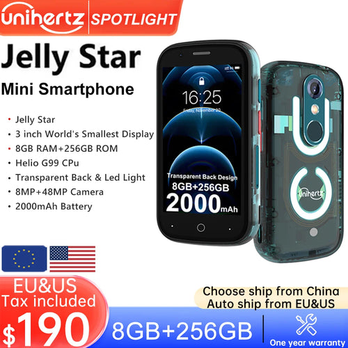 Unihertz Jelly Star Mini Smartphone Android 13 8GB 256GB Led Light Unlocked Transparent Backshell Cellphones 48MP Portable Phone