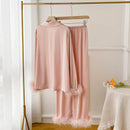 Spring Autumn Female Pajamas Trouser Set Luxury Feather Pink Bride Wedding Sleepwear Gift Sexy Loose Satin Home Wear Loungewear