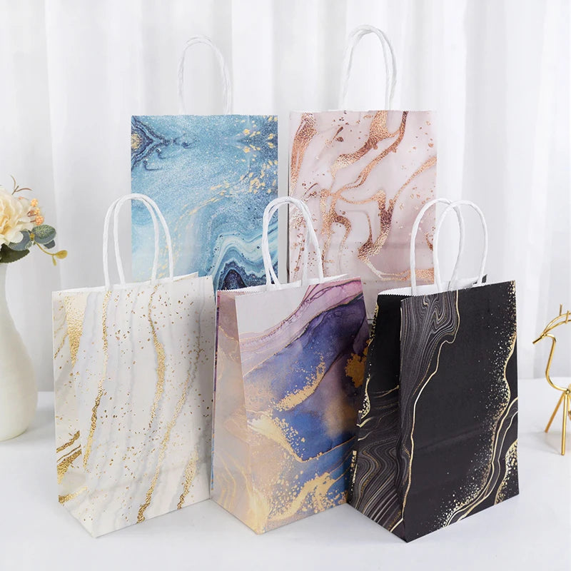 5Pcs Rose Gold Marble Paper Gift Bag Wedding Favor Gift Kraft Paper Shopping Packing Bags For Birthday Baby Shower Party Supply