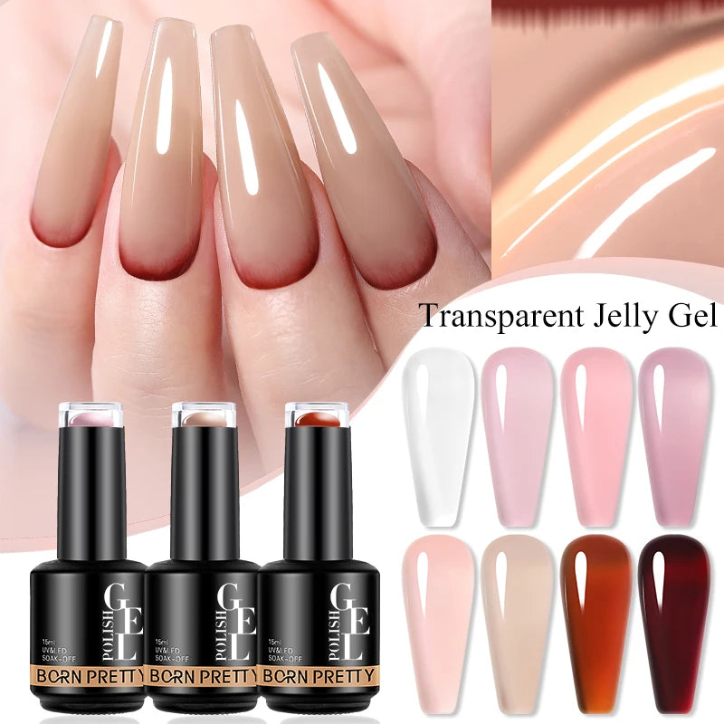 BORN PRETTY Jelly Nude Gel Nail Polish 15ml Translucent Semi Permanent Soak Off UV LED Gel Varnish Nail Art Manicure Base Top