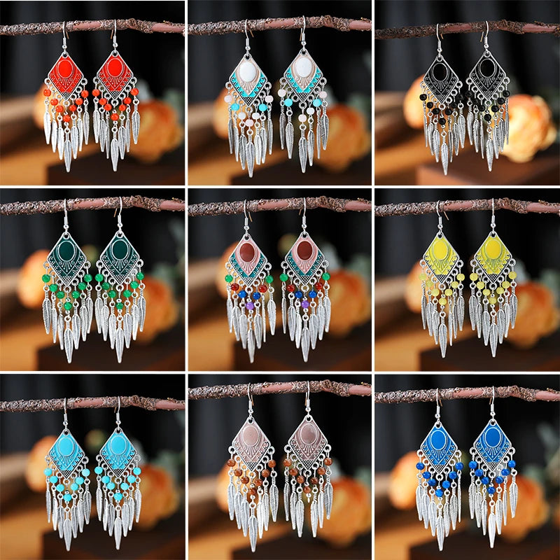 New Vintage Ethnic Bead Metal Leaf Tassel Earrings for Women Boho Drop Oil Rhombus Fan Shaped Water Drop Dangle Earring Jewelry