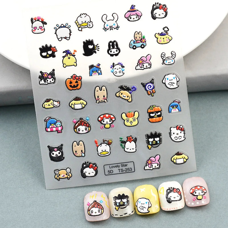 1PCS 5D Cartoon Kuromi Hello Kitty Nail Stickers Sanrio Animation Nail Art Decoration Sanrio Cute Melody Embossed Stickers