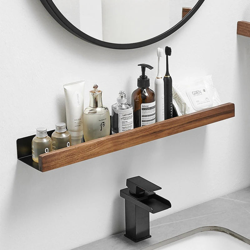 Bathroom Shelf No Punch Storage Rack Solid Wood Bathroom Shelves Punch-Free Wooden Shelf Wall-Mounted Shower Toilet Organizer