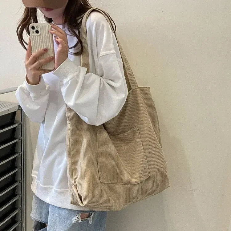 Bags for Women 2023 Corduroy Snap Button Shoulder Bag Large Capacity Reusable Shopping Bag Literary Buckle Tote Female Handbags