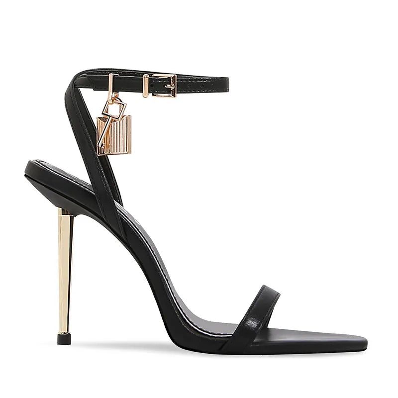 Designer Padlock Women Sandals Sexy Black 10CM High Heel Party Dress Shoes Pointed Toe Ankle Strap Gladiator Sandal Ladies Pumps