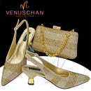 Venus Chan High Heels Shoes for Women Embroidery Rhinestone Italian Design Gold Color Pointed Toe Shoes and Bags Set Fashio