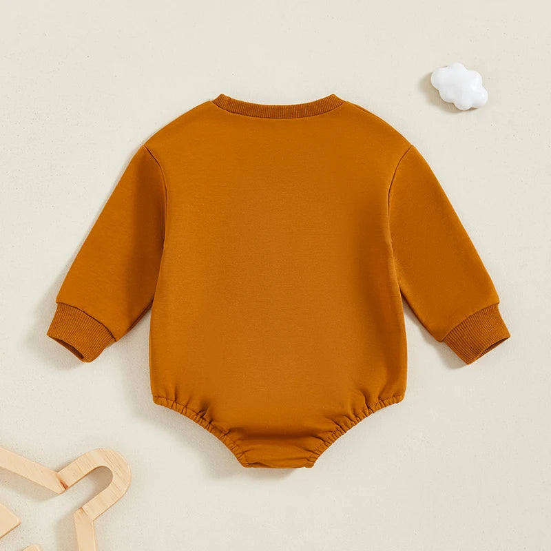 Thanksgiving Baby Romper with Embroidered Turkey Design and Cozy Long Sleeves for Fall Festivities and Family Gatherings