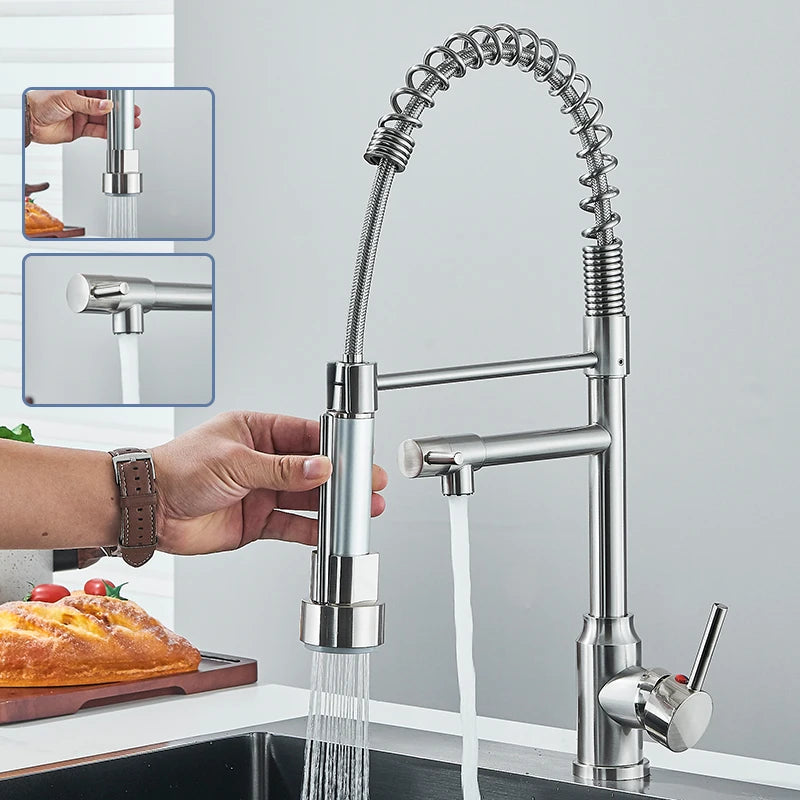 Nickel Kitchen Sink Faucet Pull Down Hot and Cold Water Mixer2 Mode Tap with Dual Spout 360 Rotation Flexible Deck Mounted