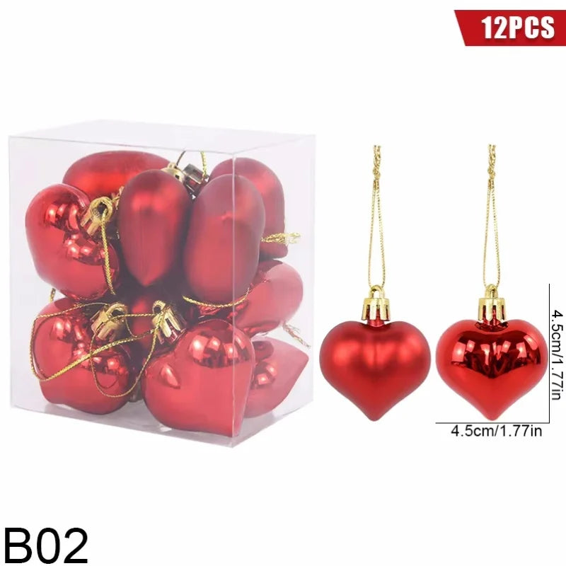 12pcs/box Heart Shaped Hanging Ornaments For Valentine's Day Christmas Pendant Xmas Tree Ball Navidad New Year Xmas Party Decor