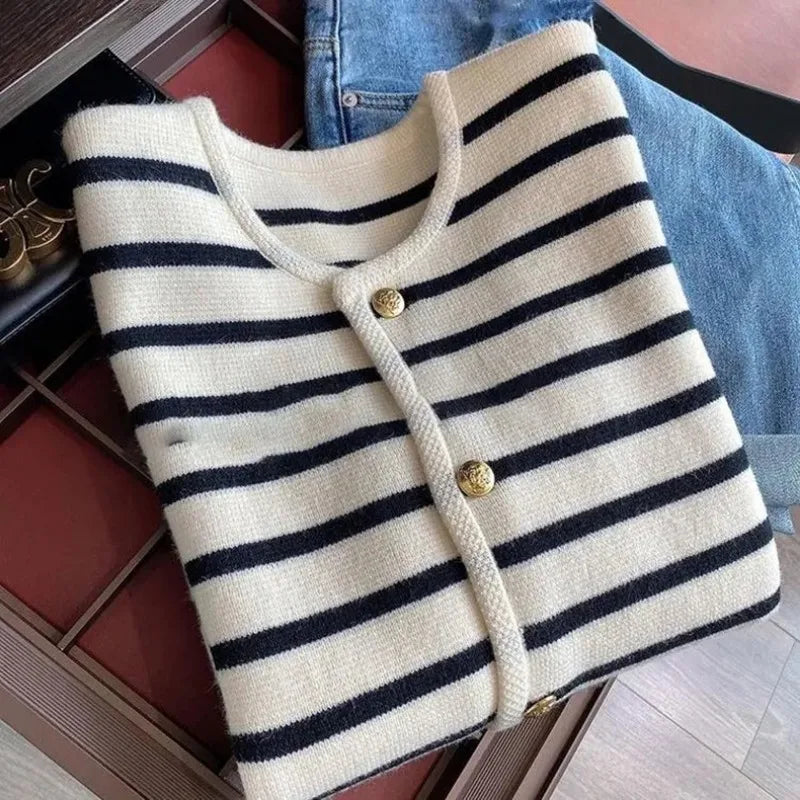 Spring Autumn Stripes Knit Cardigan Womens Elegant Long Sleeve Single Breasted Short Coat Ladies O-neck Apricot Knitted Sweaters