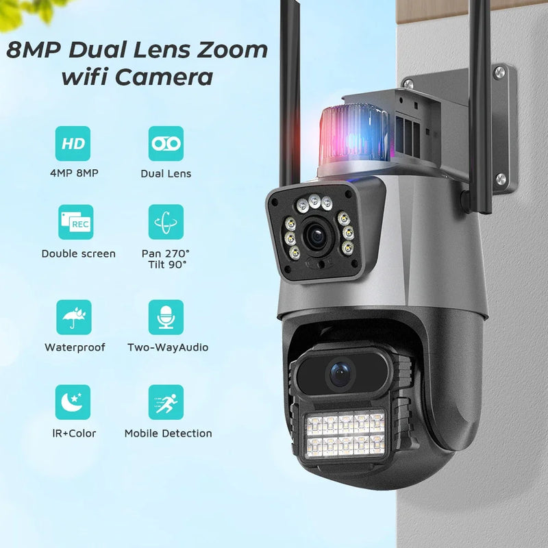 8MP 4K IP Camera Dual Lens Dual Screen PTZ Wifi Camera Outdoor Waterproof Security Video Surveillance Camera Police Light Alarm