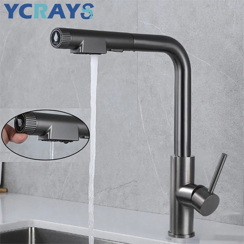 YCRAYS Brushed Nickel Filter Pull Out Kitchen Sink Faucet Drinking Water Pure Tap Gray Deck Mounted 3 Mode Black Hot Cold Mixer