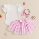 Adorable Baby Girl Easter Outfits with Bunny Print Short Sleeve Romper Tulle Skirt and Headband - 3 Piece Set for a Cute