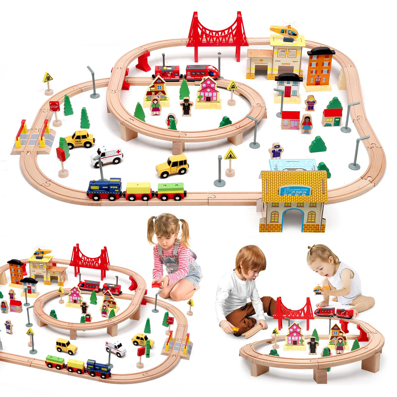 72/108 Pieces Montessori Set Of Children's Toy Wood Trains, Cars, Engineering Railway Wooden Train set Gift For Boys And Girls