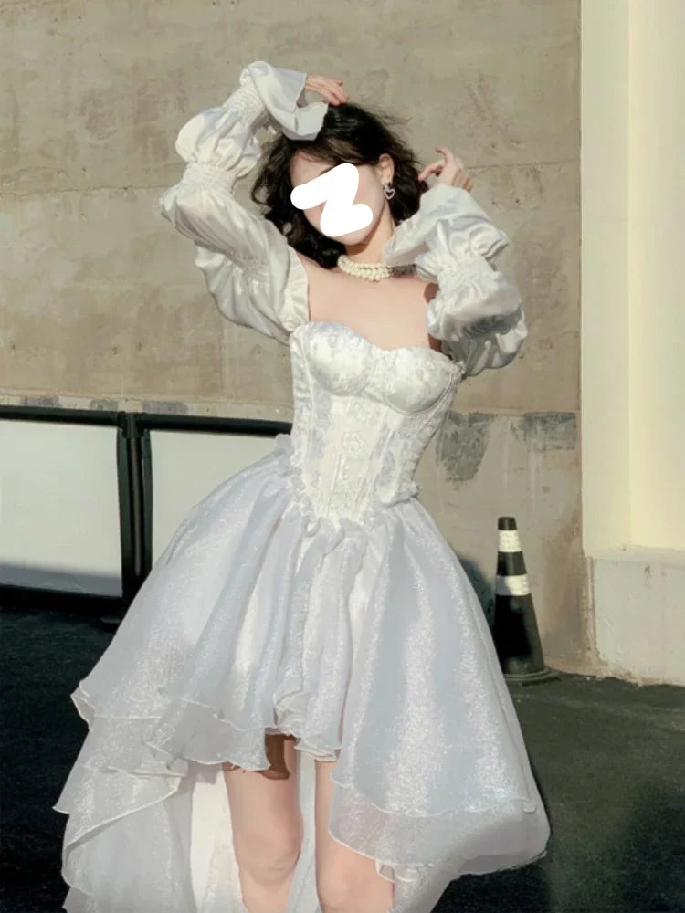 Pure Color Fairy Midi Dress Women White Elegant Evening Party Dress Beach 2024 Spring Casual Long Sleeve Fashion Dress Korean
