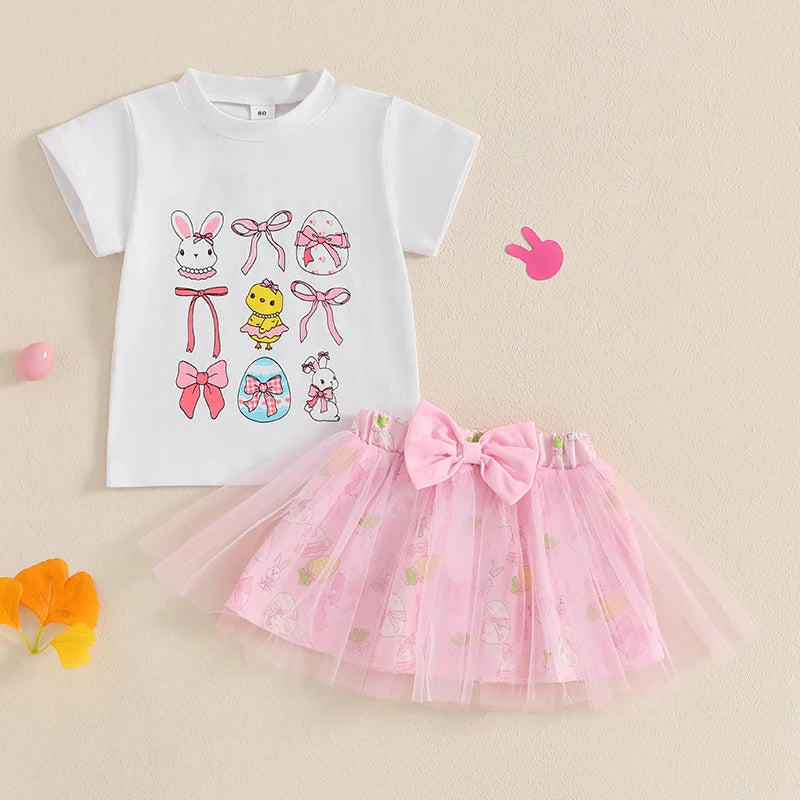 Adorable Toddler Girl Easter Outfit with Bunny Print Short Sleeve Crew Neck Tops and Double Layered Tulle Bow Skirt - 2 Piece
